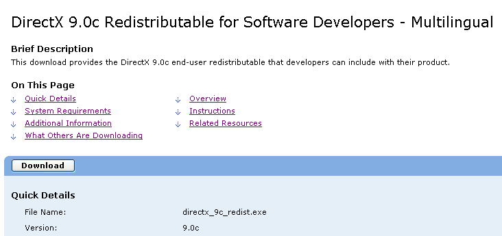 Download details: DirectX 9.0c Redistributable for Software Developers