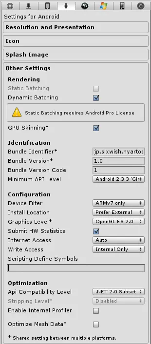 Player Settings view