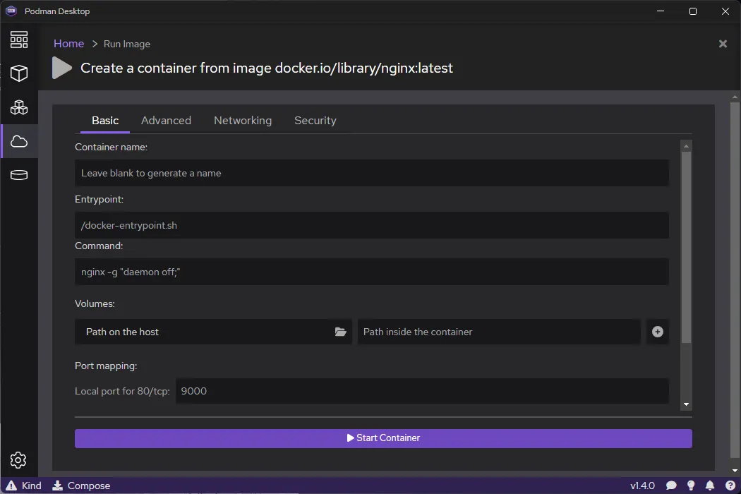 Create a coantiner from image docker.io/library/nginx:latest - Podman Desktop