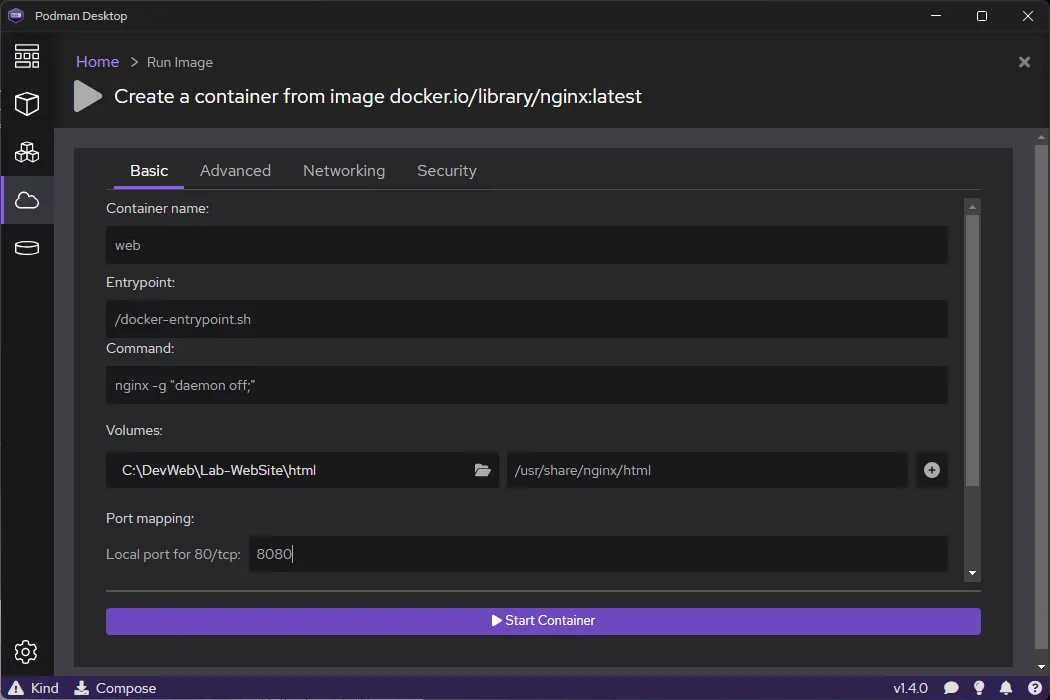 Create a coantiner from image docker.io/library/nginx:latest - Podman Desktop